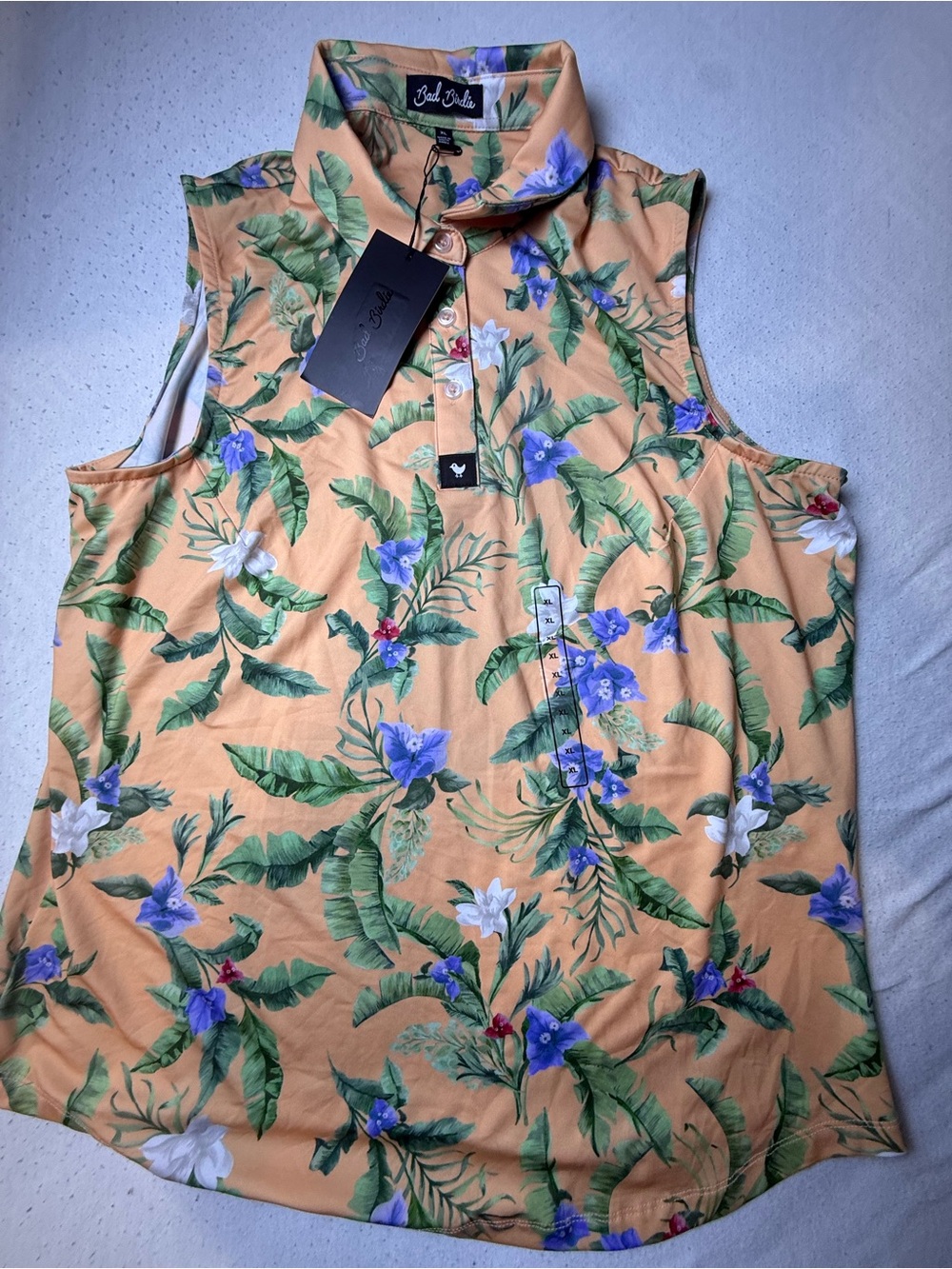 Bad Birdie Sleeveless Floral Polo Top - Peach with Green and Blue Floral Print